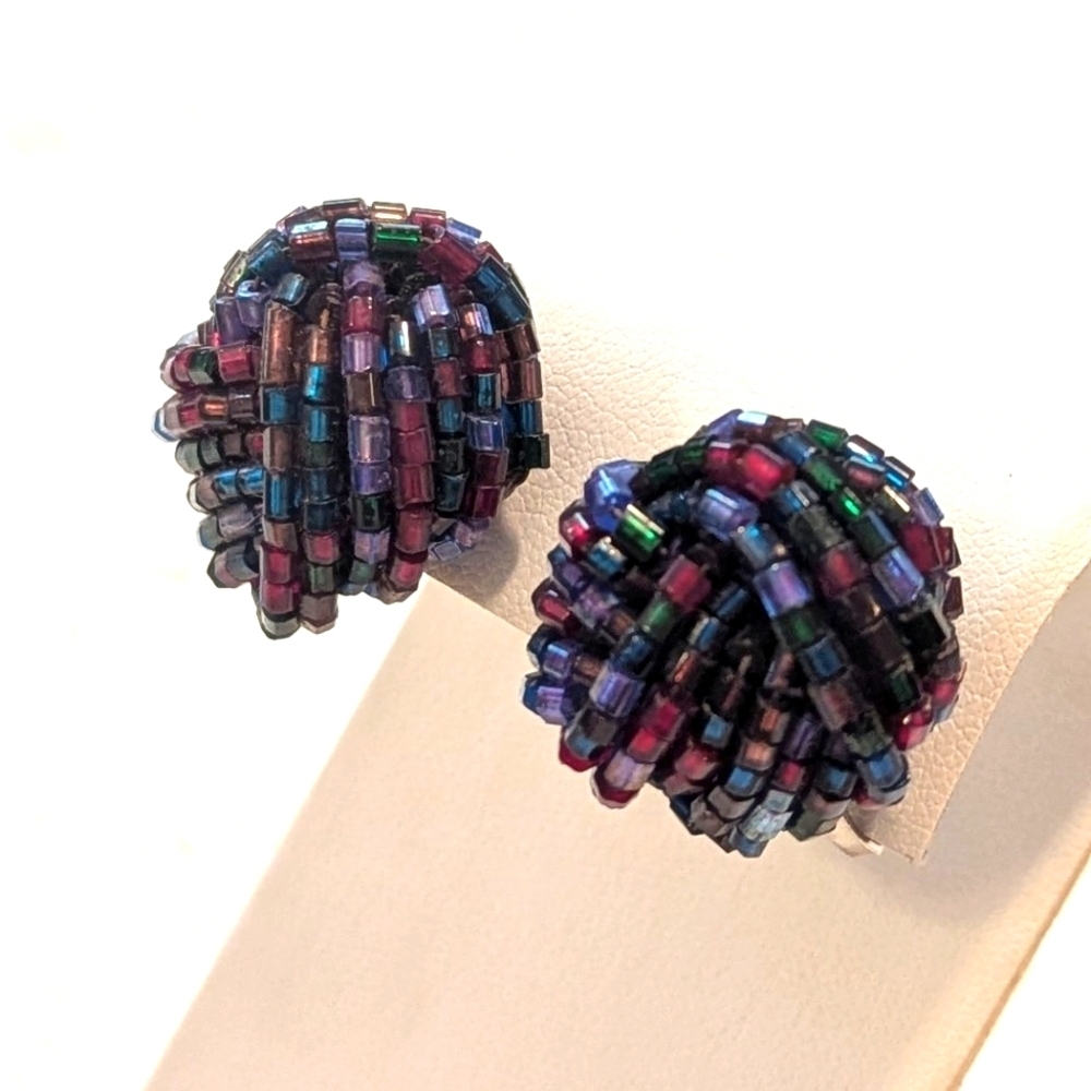 Vintage Multicolor (Blue, Red, Purple) Beaded Button Clip Earrings - Picture 1 of 5
